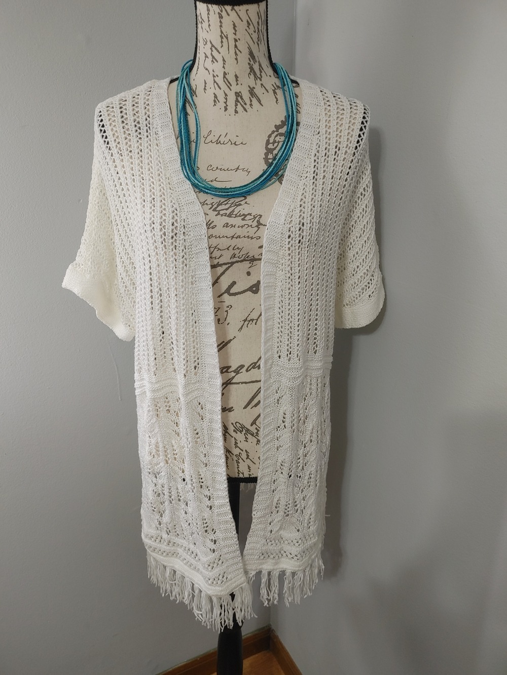 Christopher & Banks Cream Open-Knit Fringe Short Sleeve Cardigan L
